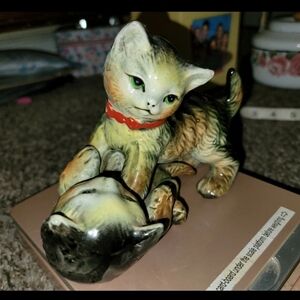 Vintage Mojalica Ceramic Cat Figurine with Red Collar Kittens Playing